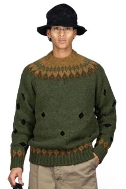 3G Wool NORDIC Hole Punch Raglan Crew Sweater - Khaki