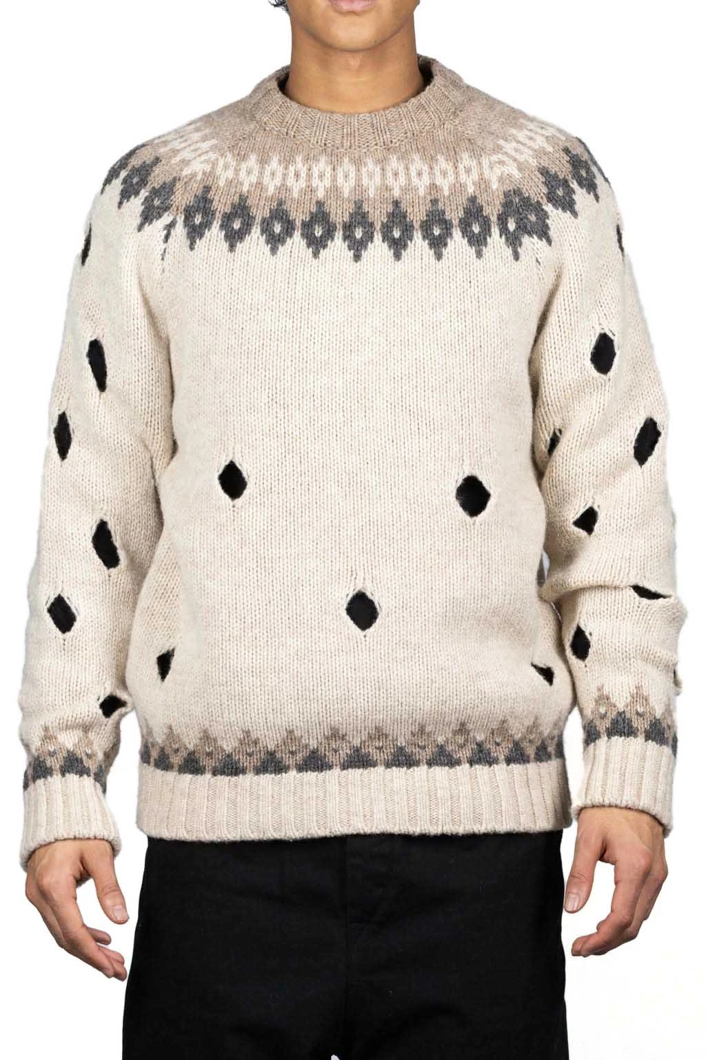 3G Wool NORDIC Hole Punch Raglan Crew Sweater - Natural 2 3G Wool NORDIC Hole Punch Raglan Crew Sweater - Natural - Image 2