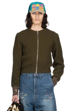 8G Wool Rib Knit Zip Short Cardigan - Khaki