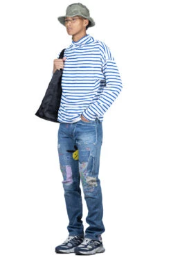 Stripe Jersey GANDHI Long Sleeve T - White X Blue -Menswear Rise Sales Store Kapital Stripe Jersey GANDHI Long Sleeve T White x Blue EK 1259 WBL 05a m